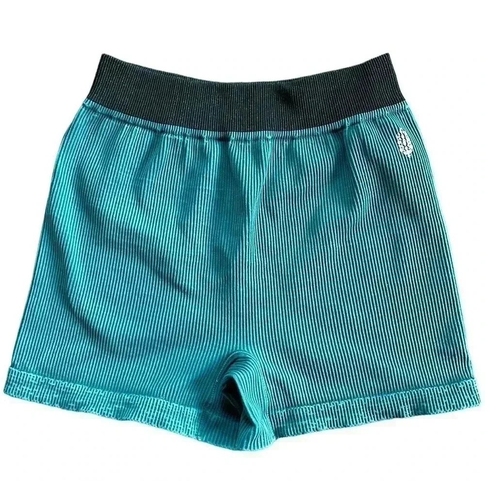 FP Movement by Free People Teal Ribbed Bike Shorts with Black Waistband